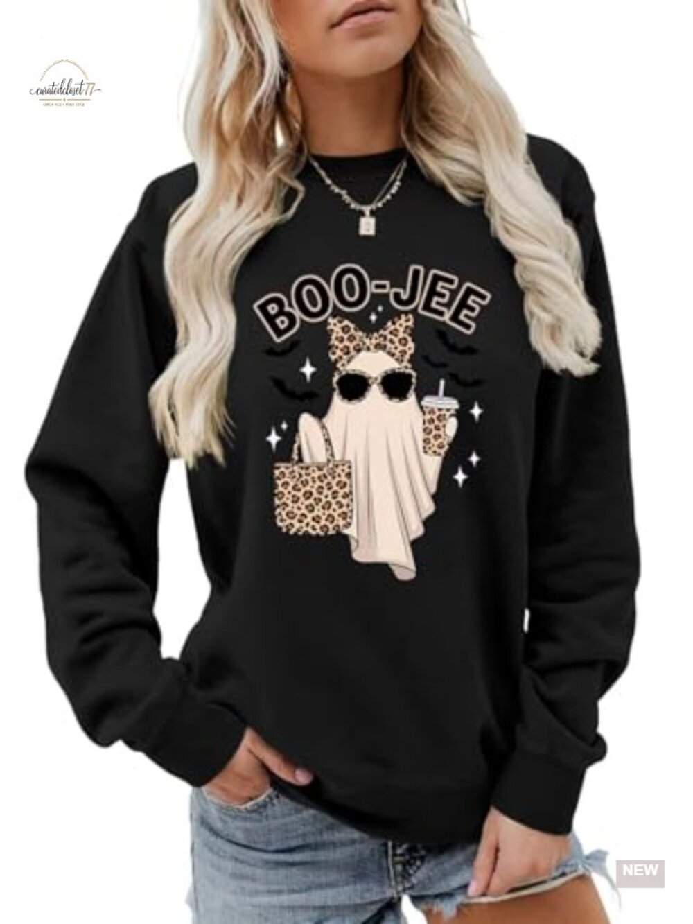 Cute Ghost Halloween Sweatshirt Soft Cotton Crew Neck Pullover